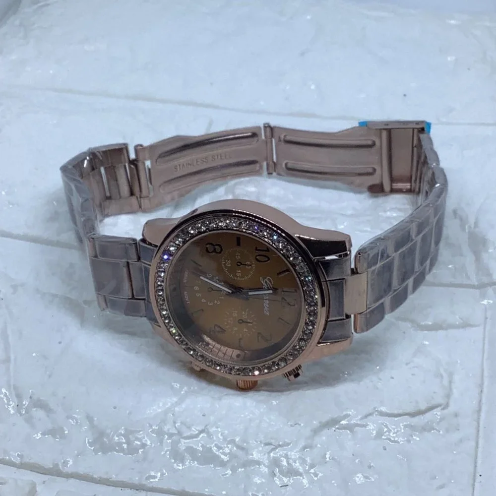 Chocolate Geneva Crystal Rhinestone Chronograph Watch‎ with Metal Link Band
